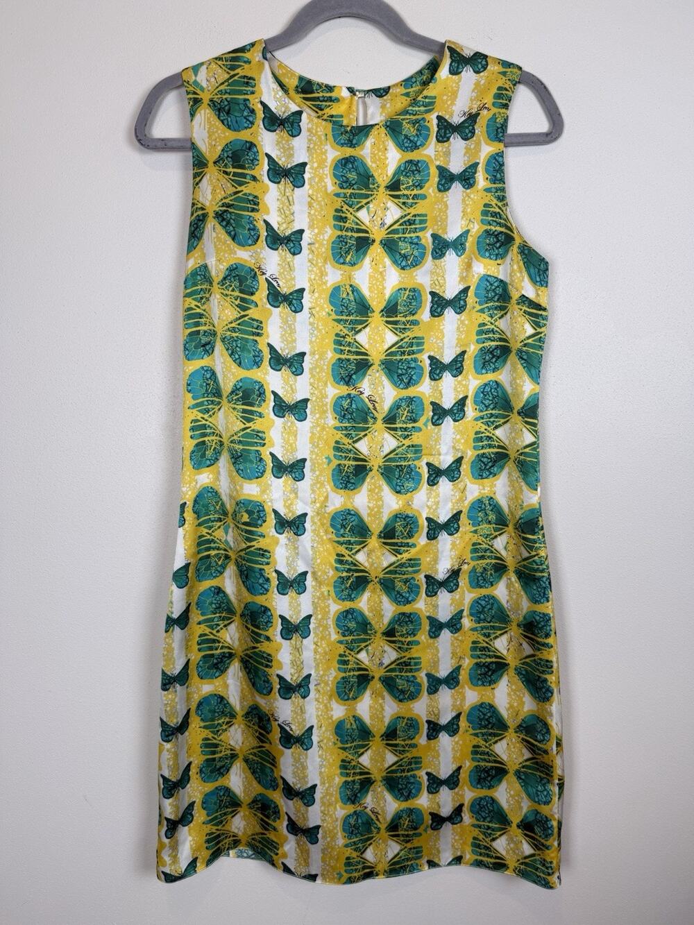 Key Leah London 100% Silk Tank Dress Yellow Green Butterflies Midi Dress Size S